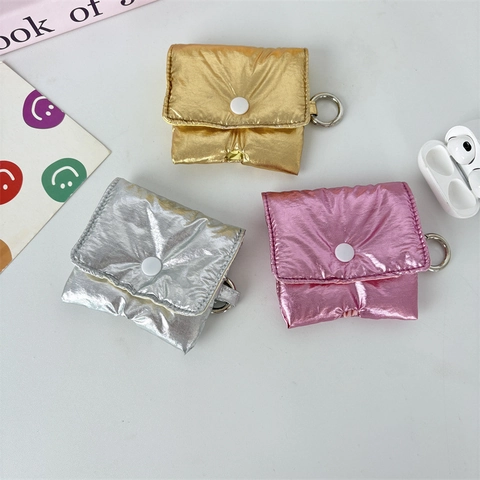 Funda Para Auriculares Acolchada Puffer De Cuero PU Brillante Metálico Bolsa De Protección Portátil Con Gancho Para Auriculares Bluetooth