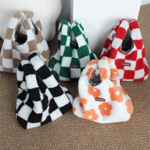 Borsa A Mano In Peluche Morbida Pelliccia Sintetica Tote Per Donna Autunno Inverno Motivi A Scacchi Fiori Piccola Borsa