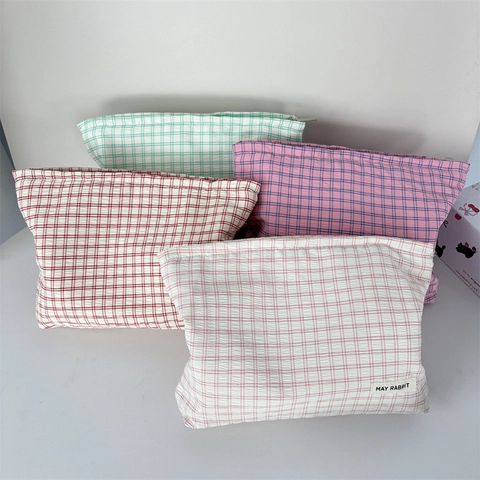 Geruite Cosmetische Tas Seersucker Polyester Draagbare Grote Capaciteit Reis Make-Up Tasje Ritssluiting Opbergtas Voor Vrouwen