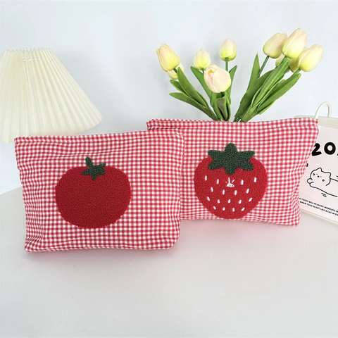 Borsa Cosmetica Quadretti Rossi Tela Ricamato Pomodoro Fragola Portatile Cerniera Organizzatore Da Viaggio Donne