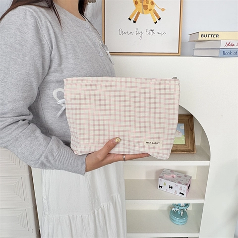 Geruite Cosmetische Tas Seersucker Polyester Draagbare Grote Capaciteit Reis Make-Up Tasje Ritssluiting Opbergtas Voor Vrouwen