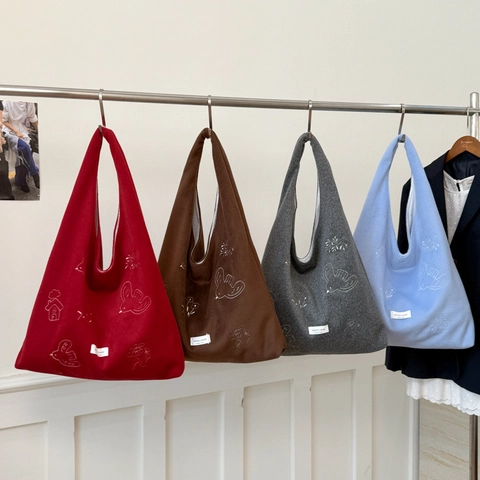 Borsa Tote Grande Capacità Borsa A Spalla In Feltro Di Lana Per Donne Ricamo Uccelli Artistico Autunno Inverno