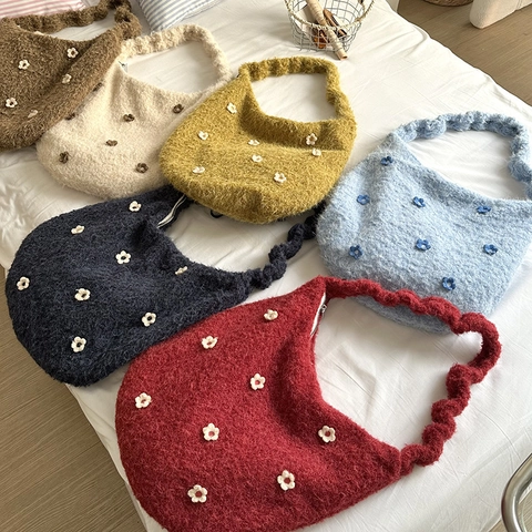 Women Plush Hobo Bag With 3D Flower Decoration Drawstring Adjustable Strap Large Capacity Soft Winter Shoulder Tote