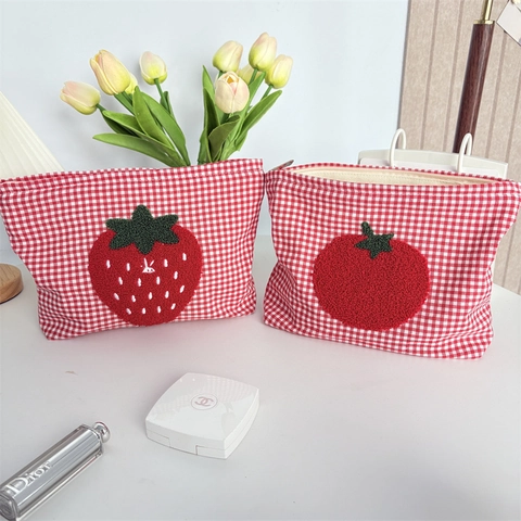 Borsa Cosmetica Quadretti Rossi Tela Ricamato Pomodoro Fragola Portatile Cerniera Organizzatore Da Viaggio Donne