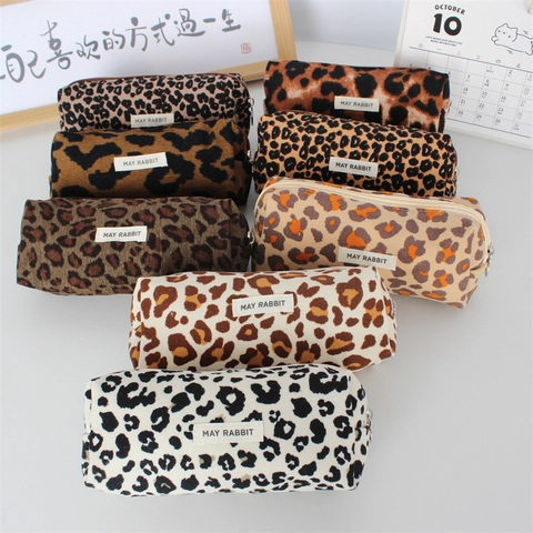 Retro Luipaardprint Corduroy Etui Grote Capaciteit Make-up Cosmetische Opbergtas Briefpapier Ins Stijl Ritszak