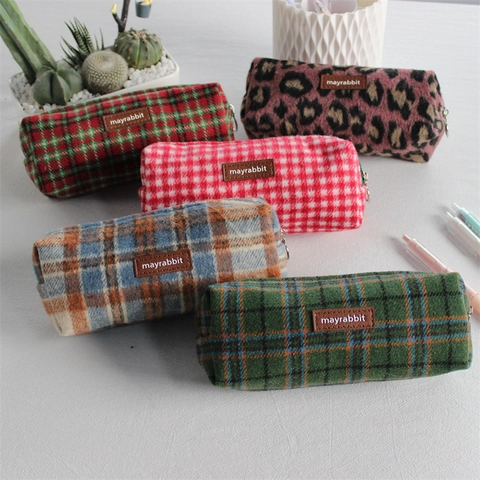 Große Kapazität Wollener Federmäppchen Vintage Kariert Leopard Druck Reißverschluss Schreibwarenbeutel Retro Tragbare Tasche