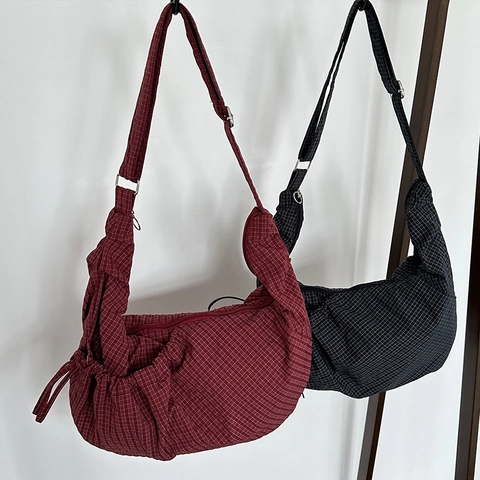 Sac Bandoulière Femme Motif À Carreaux Nylon Toile Grande Capacité Cordon Plissé Demi-Lune Croissant Style Ins Coréen