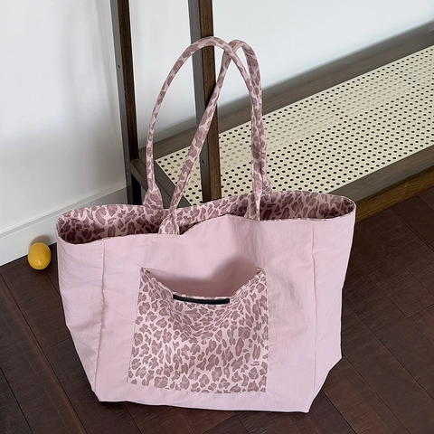 Dames Leopard Print Tote Bag Grote Capaciteit Polyester Schoudertas Casual Forens Roze Modieus