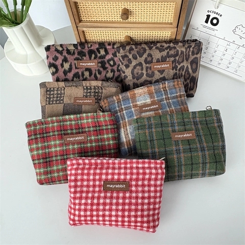 Kosmetiktasche Wolle Kariert Leopardenmuster Tragbare Make-up-Tasche Reißverschluss Aufbewahrungskoffer Vintage Mode