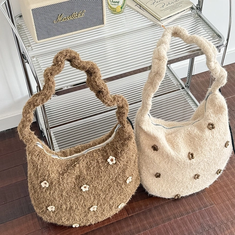 Women Plush Hobo Bag With 3D Flower Decoration Drawstring Adjustable Strap Large Capacity Soft Winter Shoulder Tote