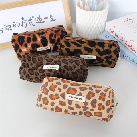 Retro Luipaardprint Corduroy Etui Grote Capaciteit Make-up Cosmetische Opbergtas Briefpapier Ins Stijl Ritszak