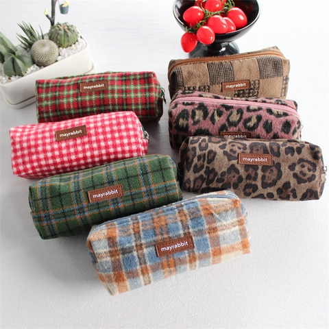 Große Kapazität Wollener Federmäppchen Vintage Kariert Leopard Druck Reißverschluss Schreibwarenbeutel Retro Tragbare Tasche