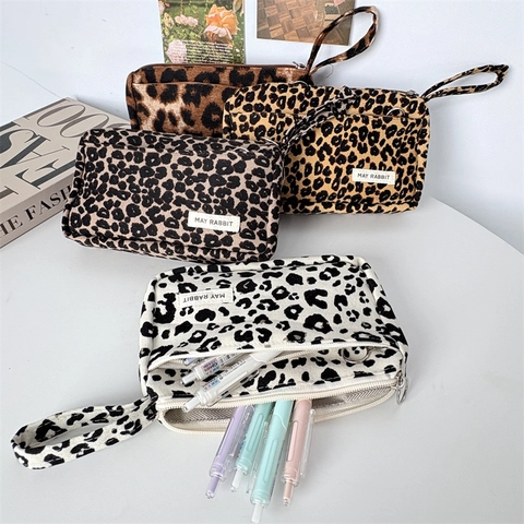 Große Kapazität Leopard Print Federmäppchen Cord Mehrere Reißverschlüsse Schreibwaren Organizer Tragbare Kosmetiktasche Mädchen