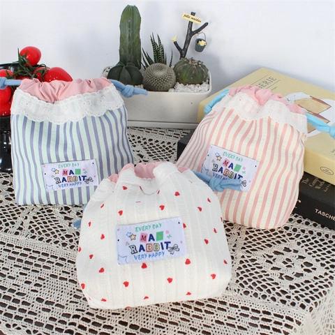 Cute Drawstring Pouch Storage Bag Fabric Lace Trim Heart Striped Pattern For Travel Makeup Skincare Organizer Kawaii