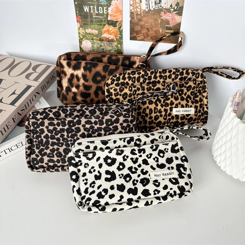 Große Kapazität Leopard Print Federmäppchen Cord Mehrere Reißverschlüsse Schreibwaren Organizer Tragbare Kosmetiktasche Mädchen