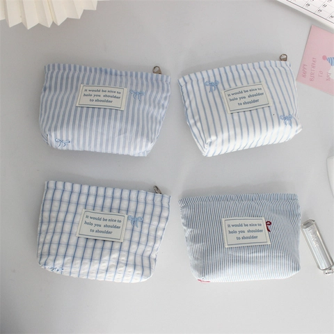 Bestickte Schleife Lippenstift Kosmetiktasche Baumwolle Gestreift Kariert Klein Tragbare Reisetasche Organizer Damen