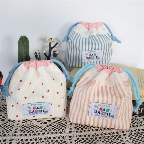 Cute Drawstring Pouch Storage Bag Fabric Lace Trim Heart Striped Pattern For Travel Makeup Skincare Organizer Kawaii