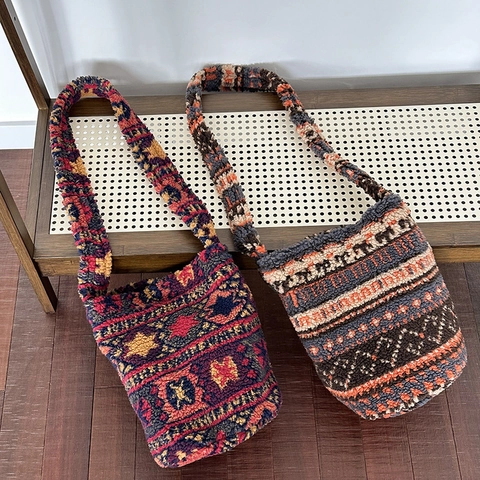Damen Plüsch Eimer Tasche Kunstfell Leopard Ethnisch Großraum Retro Schultertasche Umhängetasche Tote Magnetverschluss