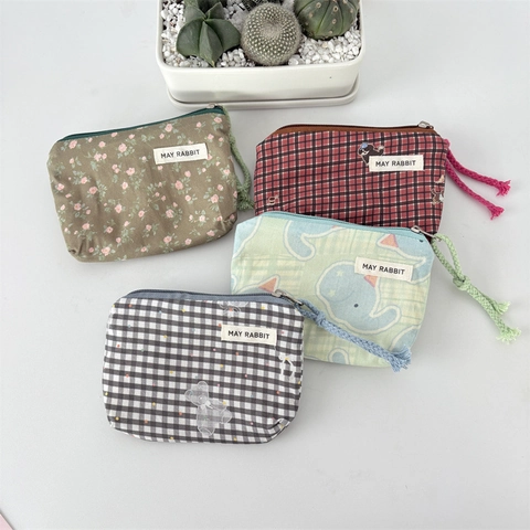 Cute Mini Coin Purse Canvas Cotton Storage Pouch For Lipstick Earphone Zipper Portable Cartoon Pattern For Students