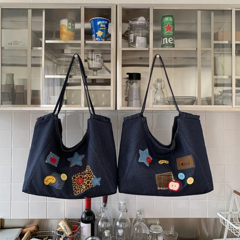 Vintage Denim Tote Bag Große Kapazität Buchstaben Druck Patchwork Schultertasche Für Frauen Retro Lässig