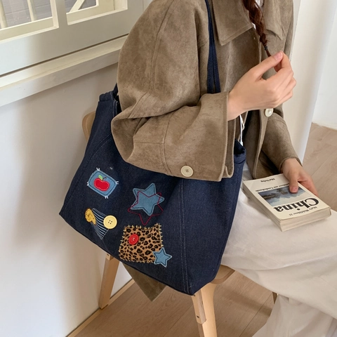 Vintage Denim Tote Bag Große Kapazität Buchstaben Druck Patchwork Schultertasche Für Frauen Retro Lässig