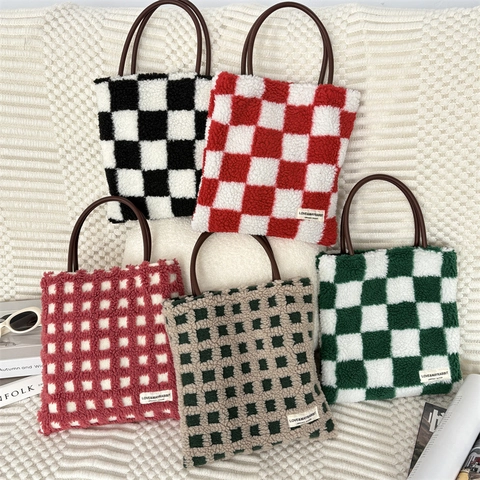 Checkerboard Pattern Plush Tote Bag Vintage Faux Lamb Wool Handbag Commuter Shoulder Hand Bag For Women