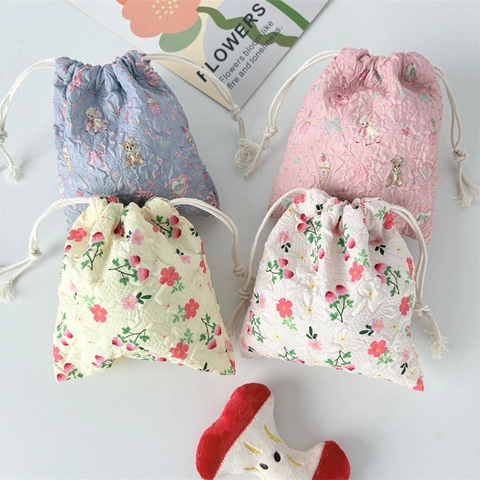 Mini Borsa Portaoggetti Coulisse Poliestere Trapuntato Floreale Cartone Animato Pochette Cosmetica Piccolo Regalo Gioielli Viaggio Donne