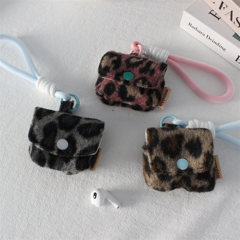 Custodia Per Auricolari In Peluche Con Stampa Leopardata Con Cordino Chiusura A Bottone Protezione Per Cuffie Wireless Mini Borsa