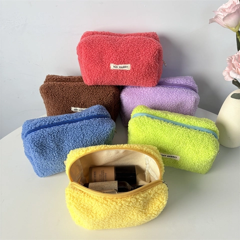 Trousse À Crayons En Polaire Peluche Grande Capacité Pochette Cosmétique Portable Fermeture Éclair Style Japonais Étudiant