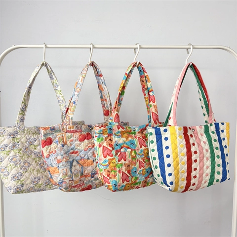 Quilted Padded Tote Bag Women Large Capacity Printed Shoulder Bag Soft Polyester Cartoon Floral Handbag