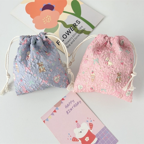 Mini Borsa Portaoggetti Coulisse Poliestere Trapuntato Floreale Cartone Animato Pochette Cosmetica Piccolo Regalo Gioielli Viaggio Donne