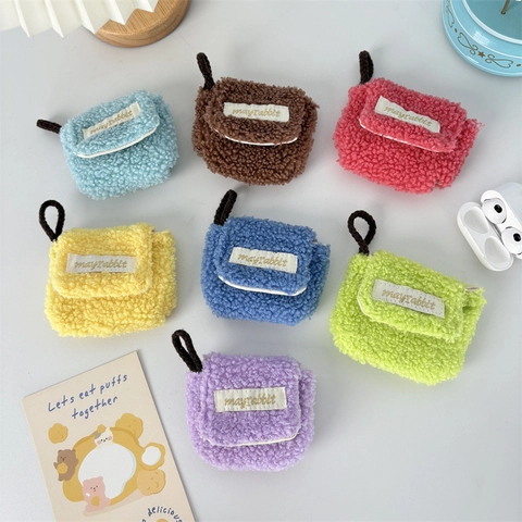 Plush Lamb Wool Earphone Case Flip Cover With Velcro Portable Dustproof Storage Pouch Soft Protective Sleeve For Wireless Headset