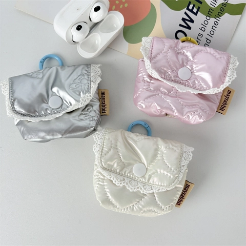 Mini Kopfhörertasche PU Leder Gesteppt Herz Spitze Hängen Aufbewahrungstasche Für Kabellose Headsets Münze Schlüssel Organizer Klein Tragbar Schlüsselbund Tasche