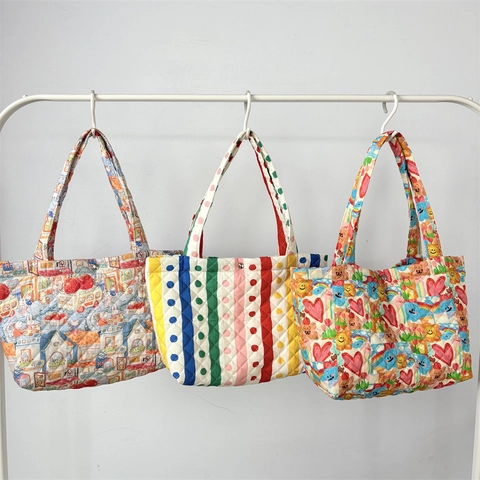 Quilted Padded Tote Bag Women Large Capacity Printed Shoulder Bag Soft Polyester Cartoon Floral Handbag
