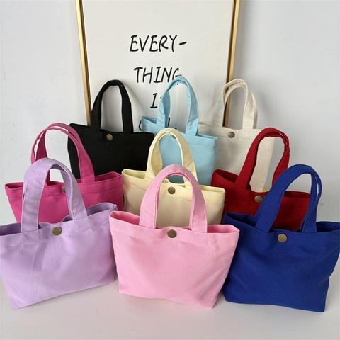 Canvas Handbag Small Solid Color Tote Bag Minimalist Portable Lunch Storage Bag With Metal Snap Button