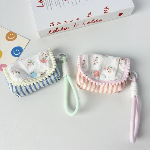 Mini Funda Para Auriculares Bolsa Rayada Floral Tela Monedero Con Cordón Botón De Presión Bolsa De Protección Acolchada