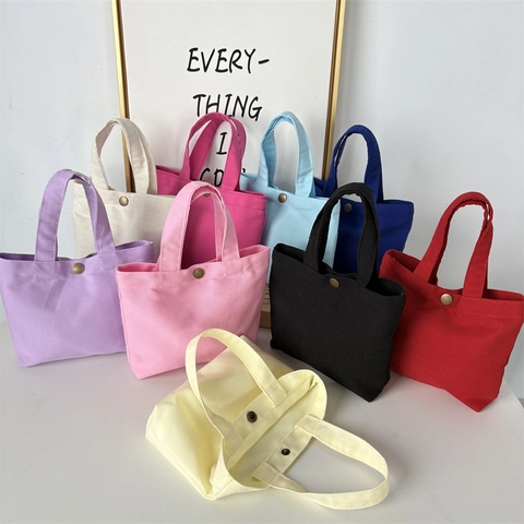 Canvas Handbag Small Solid Color Tote Bag Minimalist Portable Lunch Storage Bag With Metal Snap Button
