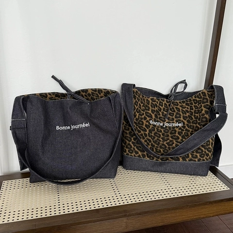 Borsa Tote In Tela Leopardata Patchwork Di Jeans Grande Capacità Borsa A Tracolla Donna Lettera Bonne Journee