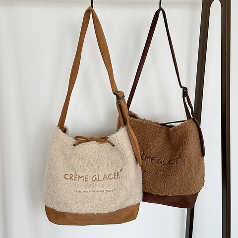 Women Plush Lambswool Suede Patchwork Tote Bag Large Capacity Crossbody Shoulder Handbag French Embroidery Casual Winter