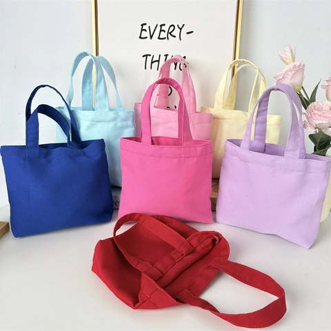 Solid Color Canvas Handbag Simple Portable Small Tote Bag For Lunch Storage Women Daily Use Double Handle