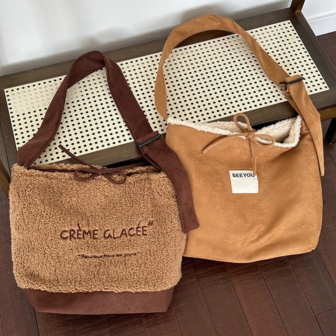 Women Plush Lambswool Suede Patchwork Tote Bag Large Capacity Crossbody Shoulder Handbag French Embroidery Casual Winter
