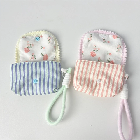 Mini Funda Para Auriculares Bolsa Rayada Floral Tela Monedero Con Cordón Botón De Presión Bolsa De Protección Acolchada