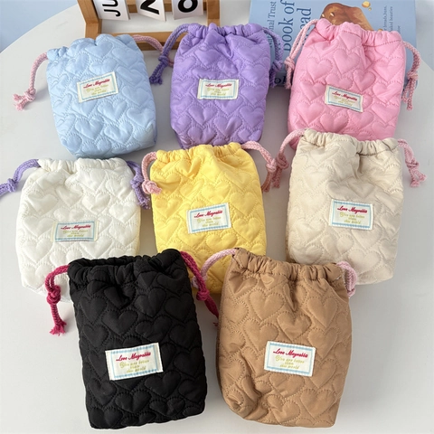 Heart Quilted Drawstring Cosmetic Bag Portable Polyester Storage Pouch For Travel Makeup Camera Protection Cute INS Style
