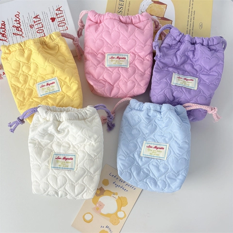 Heart Quilted Drawstring Cosmetic Bag Portable Polyester Storage Pouch For Travel Makeup Camera Protection Cute INS Style