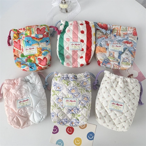 Sac De Rangement À Cordon Matelassé Coton Polyester Doux Protecteur Portable Voyage Maquillage Imprimé Floral Style Dessin Animé