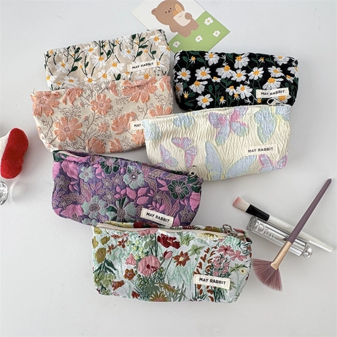 Borsa Per Trucco Jacquard In Rilievo Francese Ricamo Floreale Beauty Case Da Viaggio Portatile Per Donna Con Cerniera
