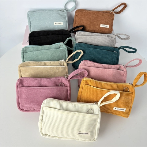 Corduroy Pencil Case Aesthetic Solid Color Large Capacity Portable Storage Bag Hand Strap Office School Stationery Organizer