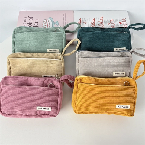 Corduroy Pencil Case Aesthetic Solid Color Large Capacity Portable Storage Bag Hand Strap Office School Stationery Organizer