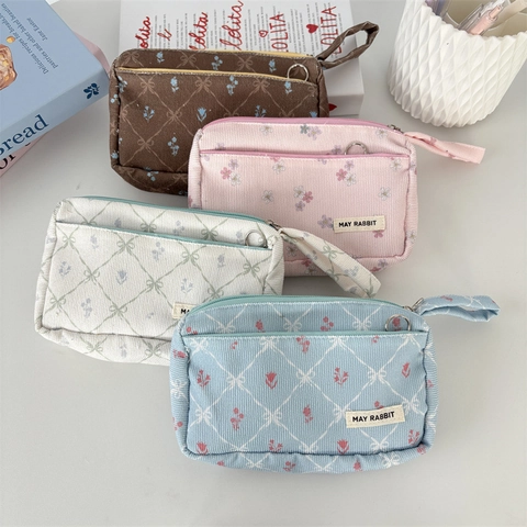Corduroy Pencil Case Large Capacity Floral Lattice Stationery Bag Portable Double Layer Zipper Pouch