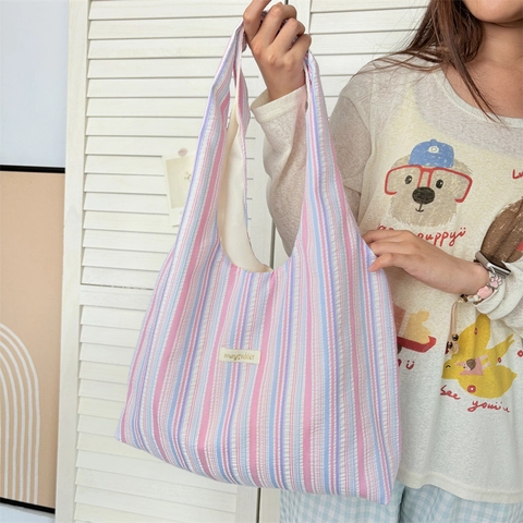 Striped Tote Bag Seersucker Polyester Shoulder Bag Large Capacity Casual Lightweight Student School Handbag